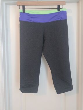 Calvin Klein Performance Capri Leggings in Charcoal with Purple & Lime Waistband